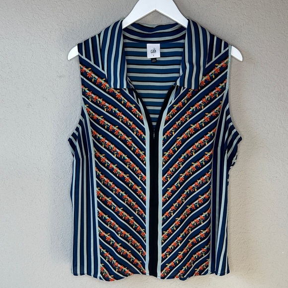 CAbi Floral and Chevron Striped Sleeveless Collard Zipper Front Top 6318 Size L - Picture 2 of 13